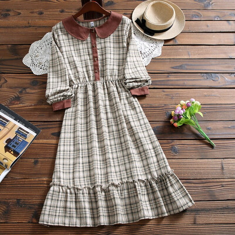Image of Mori girl cute kawaii fashion plaid dress autumn style peter pan collar long sleeve casual dress for lady