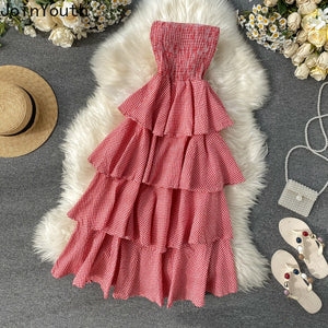 Joinyouth 2020 Summer Women Cute Cake Dress Strapless Elastic High Waist Layer Ruffled Cake Ladies Princess Plaid Vestidos 57246