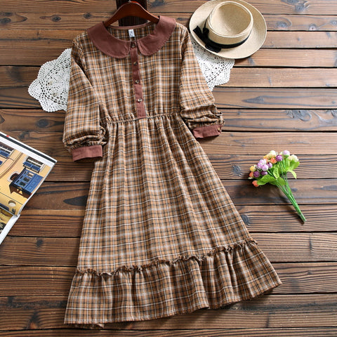 Image of Mori girl cute kawaii fashion plaid dress autumn style peter pan collar long sleeve casual dress for lady