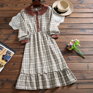 Mori girl cute kawaii fashion plaid dress autumn style peter pan collar long sleeve casual dress for lady