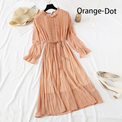 Image of Women Print Flowers A-Line Chiffon Dress Korean Long Sleeve Ruffles Mid-Calf Party Dresses Vestidos Empire Vintage Cute Dress