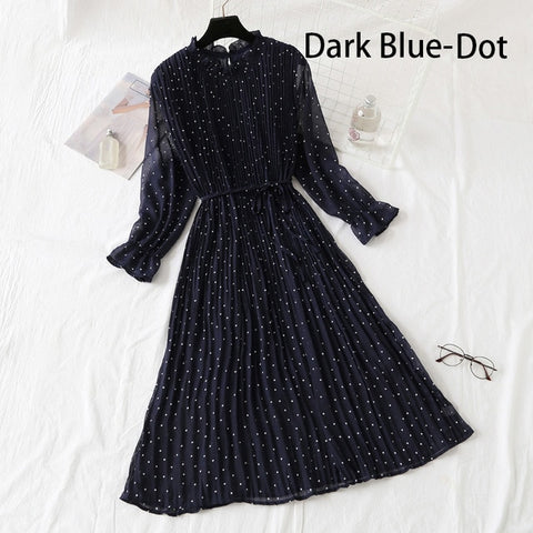 Image of Women Print Flowers A-Line Chiffon Dress Korean Long Sleeve Ruffles Mid-Calf Party Dresses Vestidos Empire Vintage Cute Dress