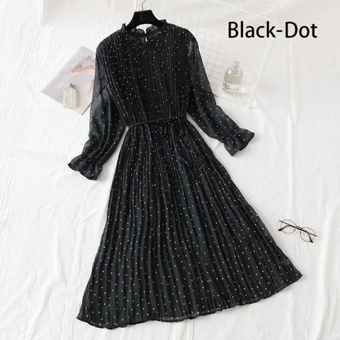 Image of Women Print Flowers A-Line Chiffon Dress Korean Long Sleeve Ruffles Mid-Calf Party Dresses Vestidos Empire Vintage Cute Dress