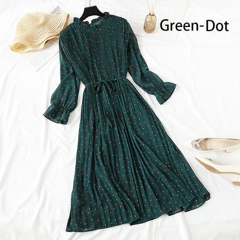 Image of Women Print Flowers A-Line Chiffon Dress Korean Long Sleeve Ruffles Mid-Calf Party Dresses Vestidos Empire Vintage Cute Dress