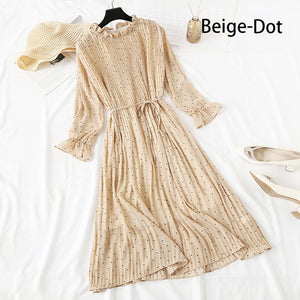 Women Print Flowers A-Line Chiffon Dress Korean Long Sleeve Ruffles Mid-Calf Party Dresses Vestidos Empire Vintage Cute Dress