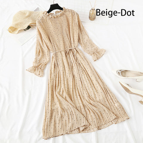 Image of Women Print Flowers A-Line Chiffon Dress Korean Long Sleeve Ruffles Mid-Calf Party Dresses Vestidos Empire Vintage Cute Dress