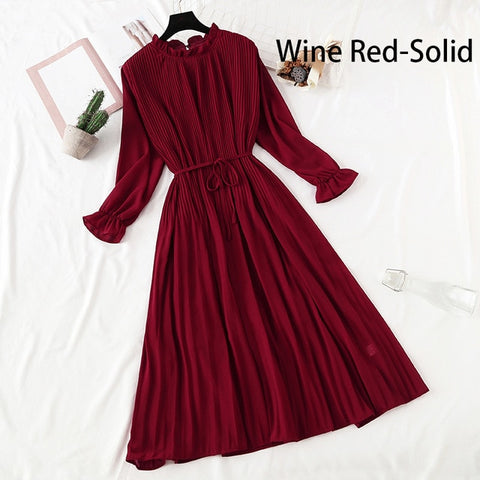 Image of Women Print Flowers A-Line Chiffon Dress Korean Long Sleeve Ruffles Mid-Calf Party Dresses Vestidos Empire Vintage Cute Dress