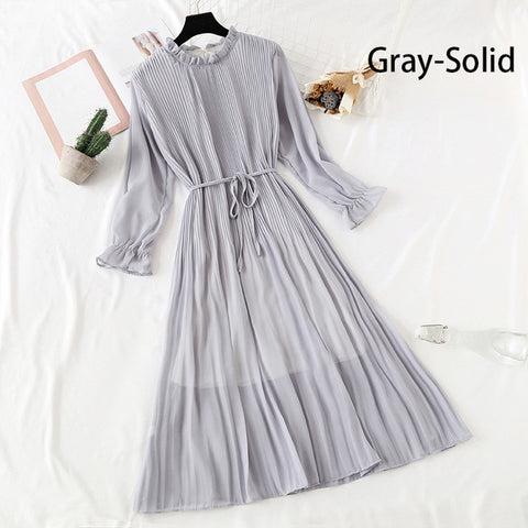 Image of Women Print Flowers A-Line Chiffon Dress Korean Long Sleeve Ruffles Mid-Calf Party Dresses Vestidos Empire Vintage Cute Dress