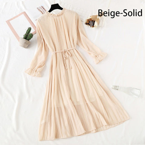 Image of Women Print Flowers A-Line Chiffon Dress Korean Long Sleeve Ruffles Mid-Calf Party Dresses Vestidos Empire Vintage Cute Dress