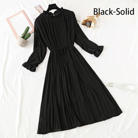 Image of Women Print Flowers A-Line Chiffon Dress Korean Long Sleeve Ruffles Mid-Calf Party Dresses Vestidos Empire Vintage Cute Dress