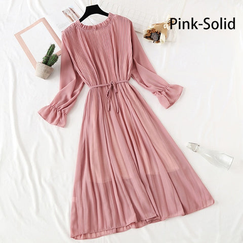 Image of Women Print Flowers A-Line Chiffon Dress Korean Long Sleeve Ruffles Mid-Calf Party Dresses Vestidos Empire Vintage Cute Dress