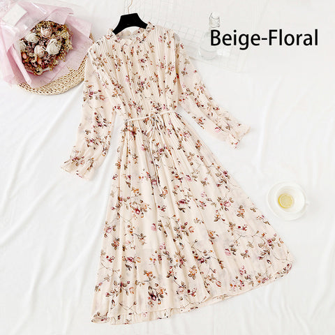 Image of Women Print Flowers A-Line Chiffon Dress Korean Long Sleeve Ruffles Mid-Calf Party Dresses Vestidos Empire Vintage Cute Dress