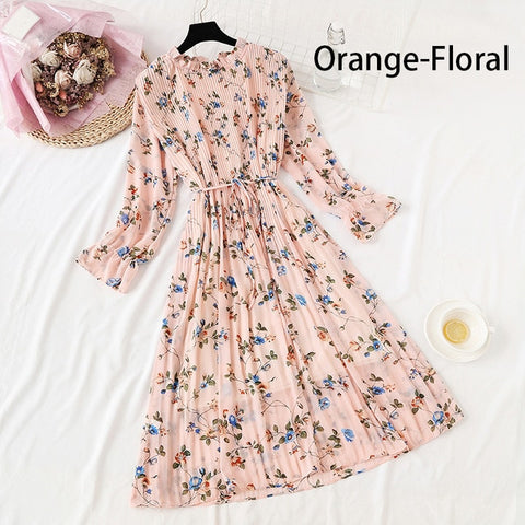 Image of Women Print Flowers A-Line Chiffon Dress Korean Long Sleeve Ruffles Mid-Calf Party Dresses Vestidos Empire Vintage Cute Dress