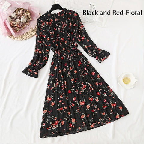 Image of Women Print Flowers A-Line Chiffon Dress Korean Long Sleeve Ruffles Mid-Calf Party Dresses Vestidos Empire Vintage Cute Dress