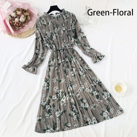 Image of Women Print Flowers A-Line Chiffon Dress Korean Long Sleeve Ruffles Mid-Calf Party Dresses Vestidos Empire Vintage Cute Dress