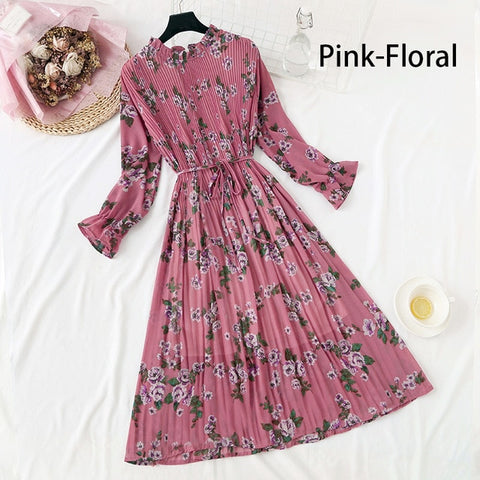 Image of Women Print Flowers A-Line Chiffon Dress Korean Long Sleeve Ruffles Mid-Calf Party Dresses Vestidos Empire Vintage Cute Dress