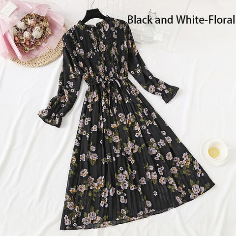 Image of Women Print Flowers A-Line Chiffon Dress Korean Long Sleeve Ruffles Mid-Calf Party Dresses Vestidos Empire Vintage Cute Dress