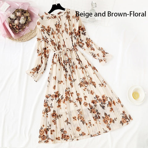 Image of Women Print Flowers A-Line Chiffon Dress Korean Long Sleeve Ruffles Mid-Calf Party Dresses Vestidos Empire Vintage Cute Dress