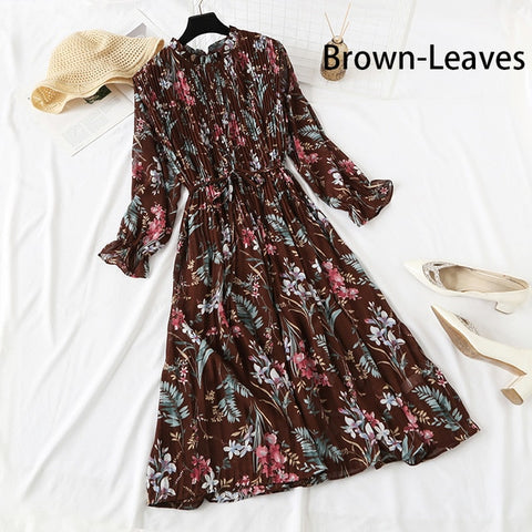 Image of Women Print Flowers A-Line Chiffon Dress Korean Long Sleeve Ruffles Mid-Calf Party Dresses Vestidos Empire Vintage Cute Dress