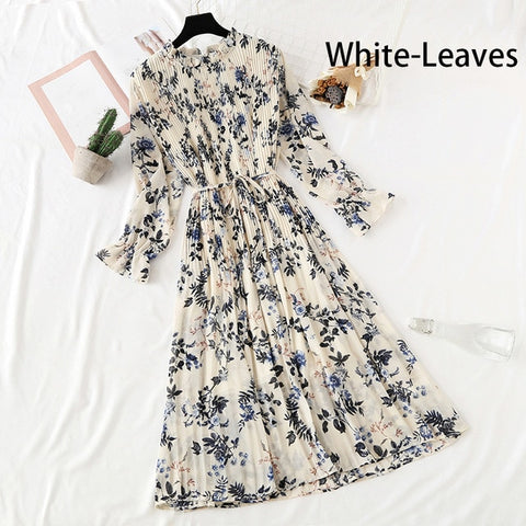 Image of Women Print Flowers A-Line Chiffon Dress Korean Long Sleeve Ruffles Mid-Calf Party Dresses Vestidos Empire Vintage Cute Dress