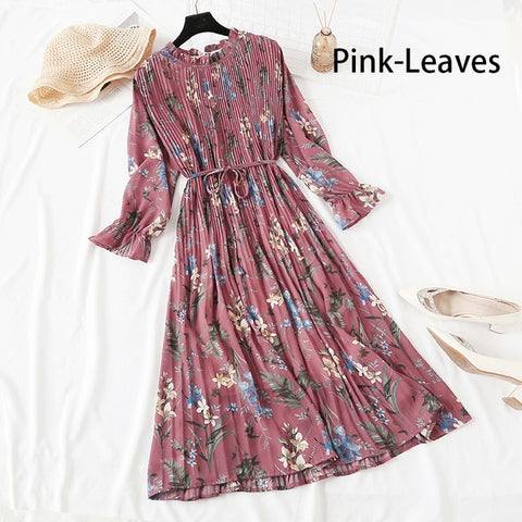 Image of Women Print Flowers A-Line Chiffon Dress Korean Long Sleeve Ruffles Mid-Calf Party Dresses Vestidos Empire Vintage Cute Dress