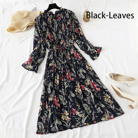 Image of Women Print Flowers A-Line Chiffon Dress Korean Long Sleeve Ruffles Mid-Calf Party Dresses Vestidos Empire Vintage Cute Dress