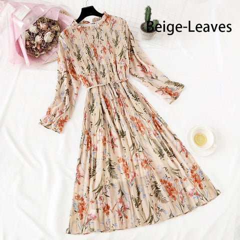 Image of Women Print Flowers A-Line Chiffon Dress Korean Long Sleeve Ruffles Mid-Calf Party Dresses Vestidos Empire Vintage Cute Dress