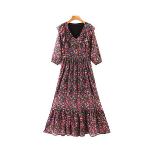 Women Sweet Ruffled Chiffon Maxi Dress V Neck Half Sleeve Side Zipper One Piece Cute Casual Long Dresses Vestidos