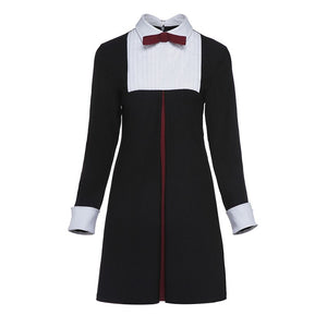 Sisjuly vintage women black zipper dress bow long sleeve o-neck a-line patchwork cute girls spring polyester knee-length dresses