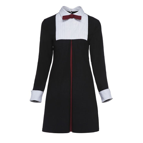 Image of Sisjuly vintage women black zipper dress bow long sleeve o-neck a-line patchwork cute girls spring polyester knee-length dresses